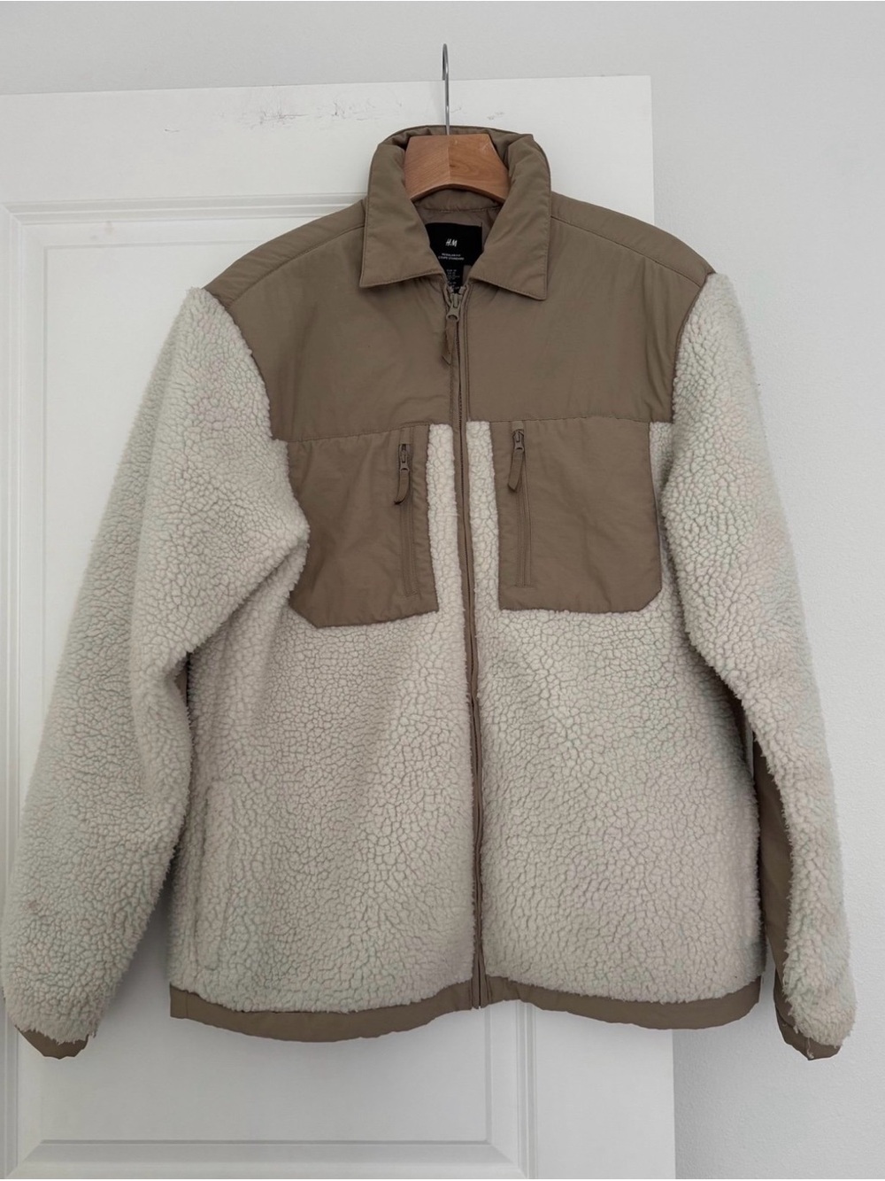 H&M men’s tan color block Sherpa fleece long sleeve zip jacket coat size medium